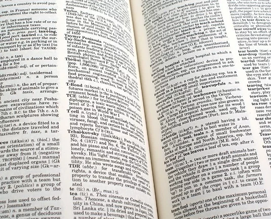 An open dictionary with densely printed text and definitions visible on both pages, photographed at an angle.