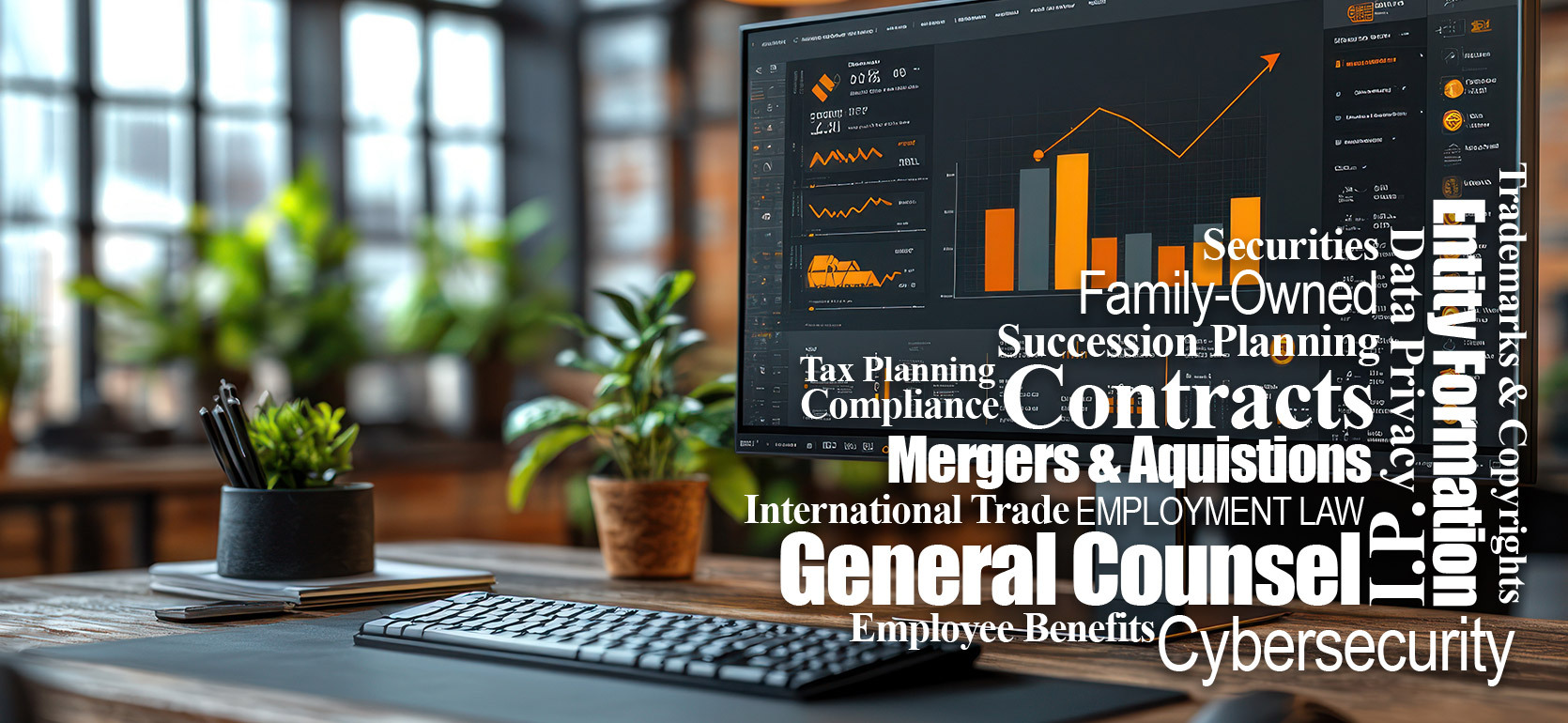 A modern office desk with a computer monitor displaying financial graphs and charts in orange and gray. In the foreground are a keyboard, notebook, pens, and small potted plant. Superimposed over the image are legal and business-related terms such as “Gen