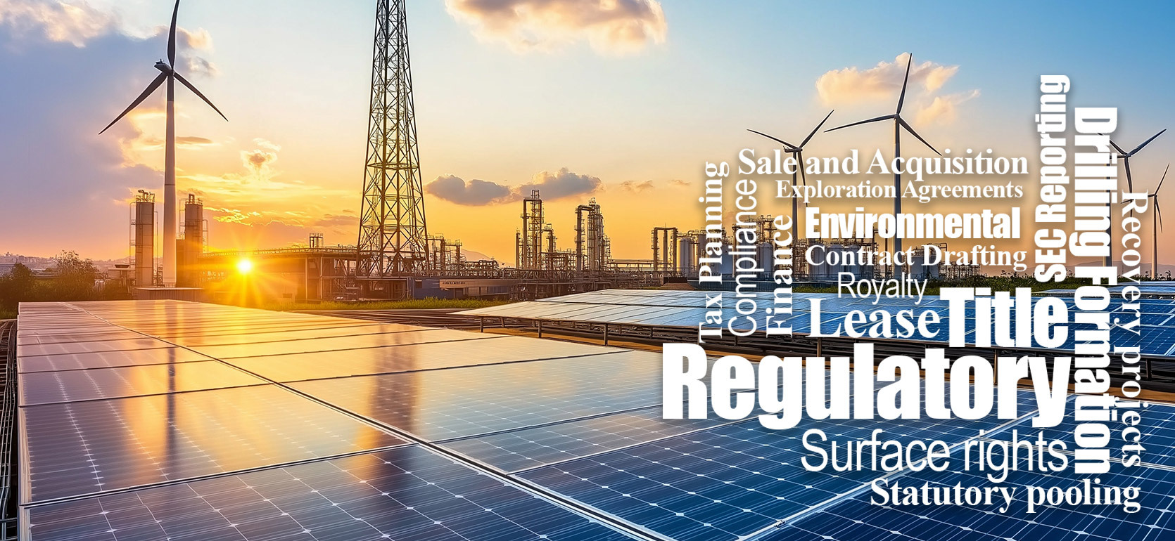 Solar panels, wind turbines, and an industrial energy facility are shown under a glowing sunset sky, representing the energy sector. Overlaid are industry-related words such as “Regulatory,” “Title,” “Lease,” “Environmental,” “Surface rights,” “Drilling,”