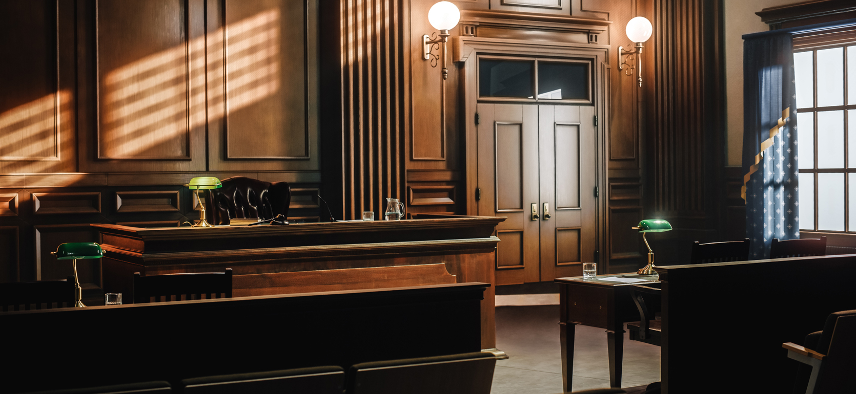 Slightly darkened with wooden desks, walls and chairs with lamps