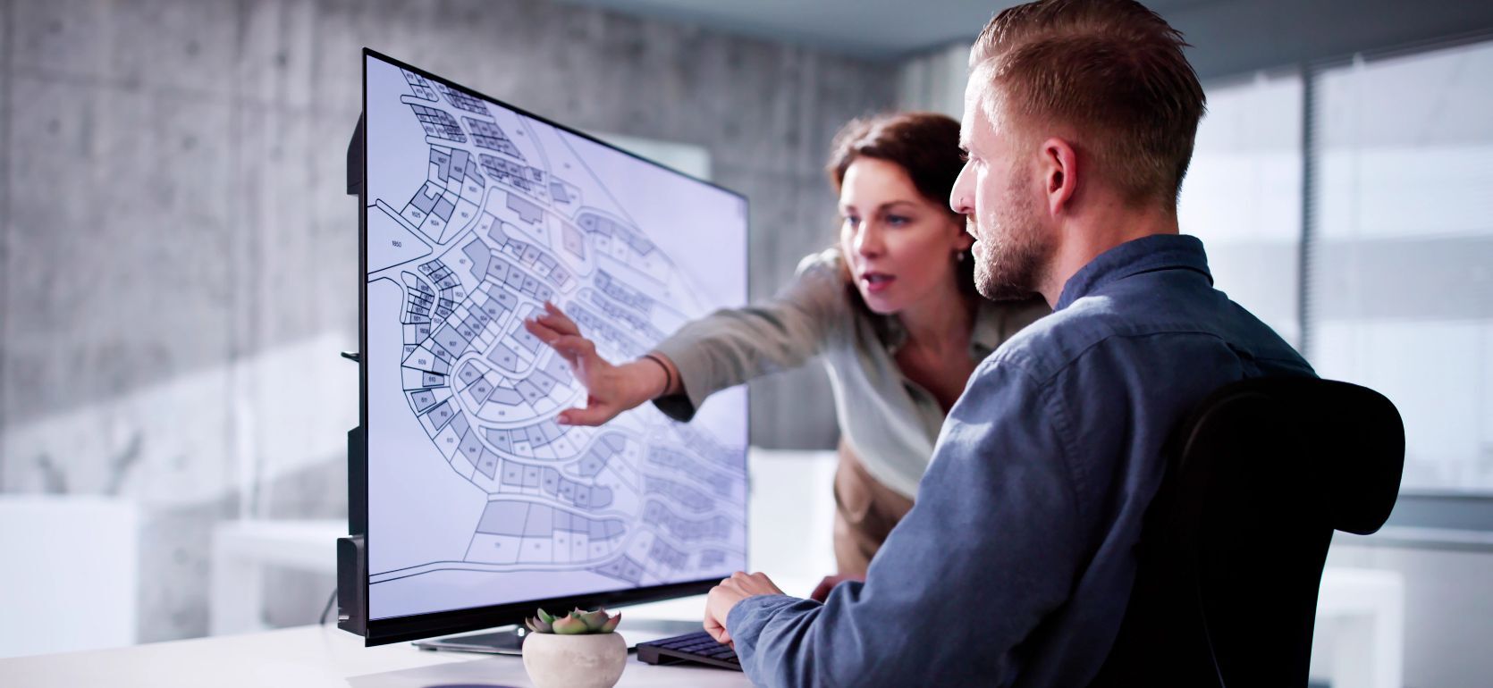 Two people looking a monitor screen with a zoning blueprint.