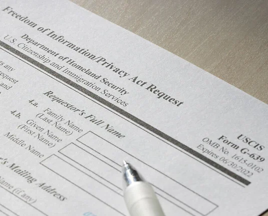 Closeup of Form G-639, Freedom of Information Privacy Act Request. FOIA request concept.