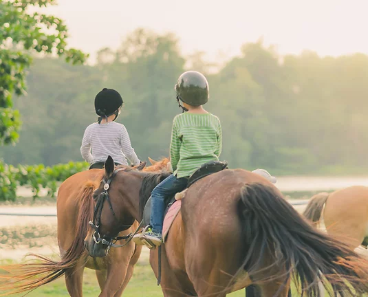 Children with riding helmets riding on horses