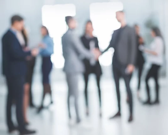 Blurred image of a professional networking event with business people in formal attire shaking hands and engaging in conversation in a bright, modern office space.